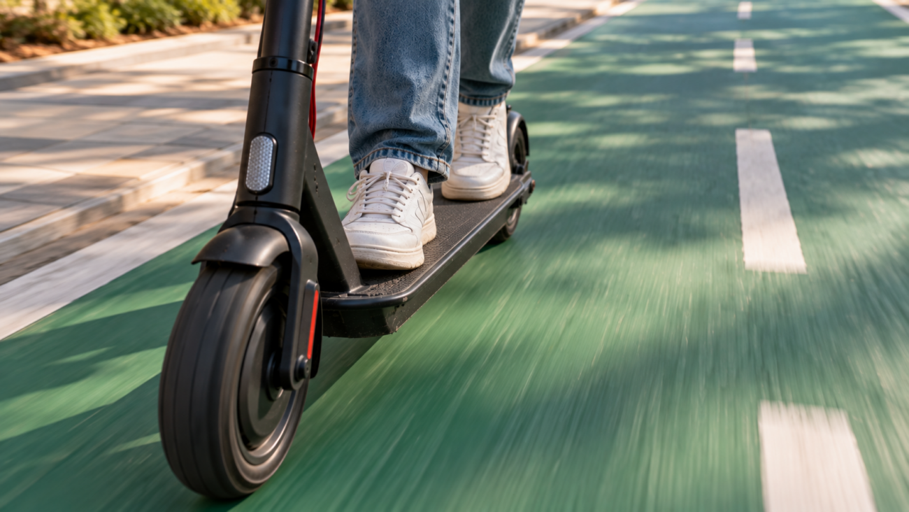 Persona circulando en patinete eléctrico por un carril de color verde.