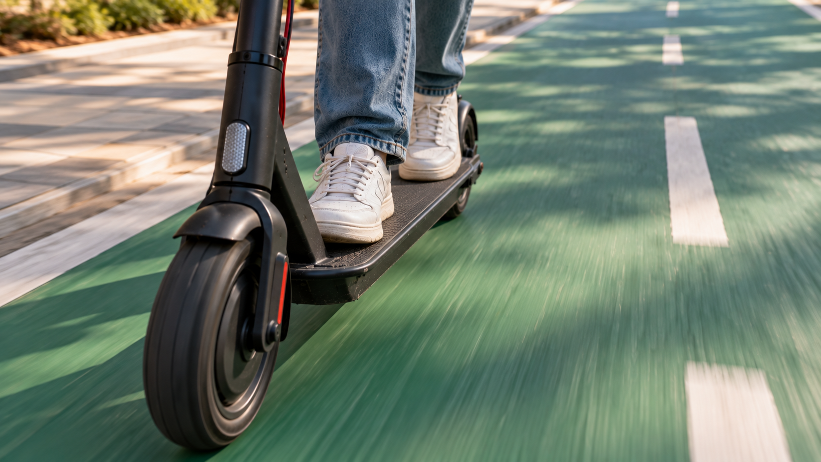 Persona circulando en patinete eléctrico por un carril de color verde.